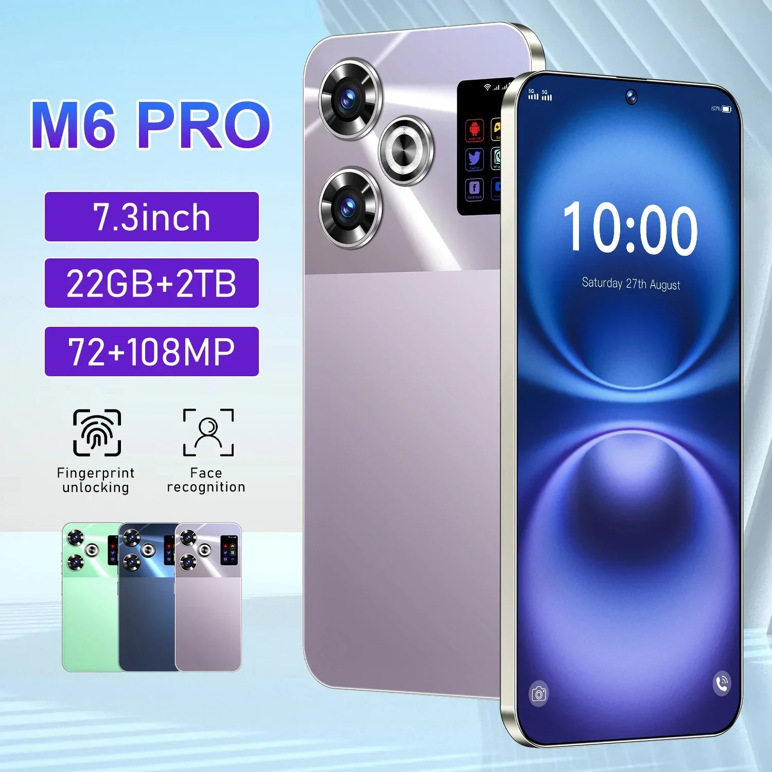 2024 M6 Pro New Smartphone 5G 7.3-inch High-definition Android 14 Snapdragon 8gen3 5G Dual SIM 8000mAh Unlocking Mobile Phone