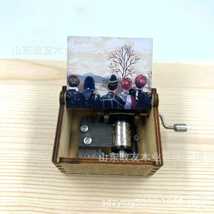 Kpop BTS Wooden Hand Crank Musical Box Engraved Multiple Pattern Music Box Fans Souvenir Decor Present view 4