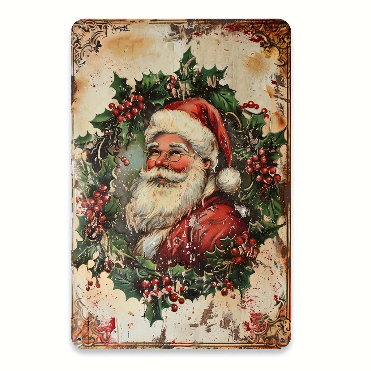1pc Vintage Christmas Santa Claus Metal Tin Sign - Rustic Metal Wall Art with Festive Holly Design, 20.32X30.48 Cm, Ideal for Ho