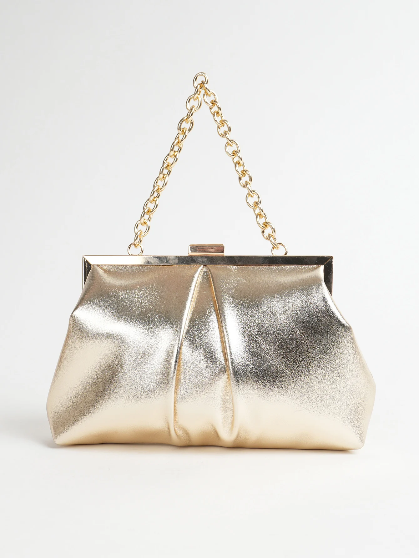 1 Stück Elegante Abendtasche aus Metallic-PU-Leder mit Falten und Kiss-Lock-Verschluss, Glänzender Metallkettenhalter-Rahmen, Crossbody-Clutch-Tasche – Detail 8