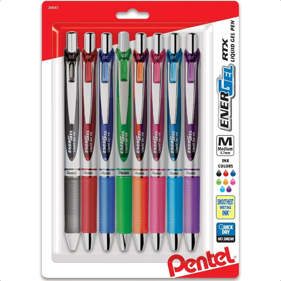 

EnerGel RTX Выдвижная жидкая гелевая ручка 0,7 мм с металлическим наконечником, средняя линия, ассорти чернил, 8 шт. (BL77BP8M1)