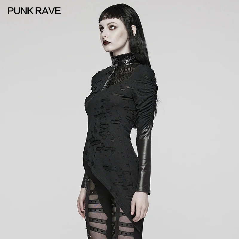 PUNK RAVE Women\'s Punk Decayed Knit Pleated Collar Design Irregular Slim Tee Sexy Black Gothic Daily Tops Women Clothes