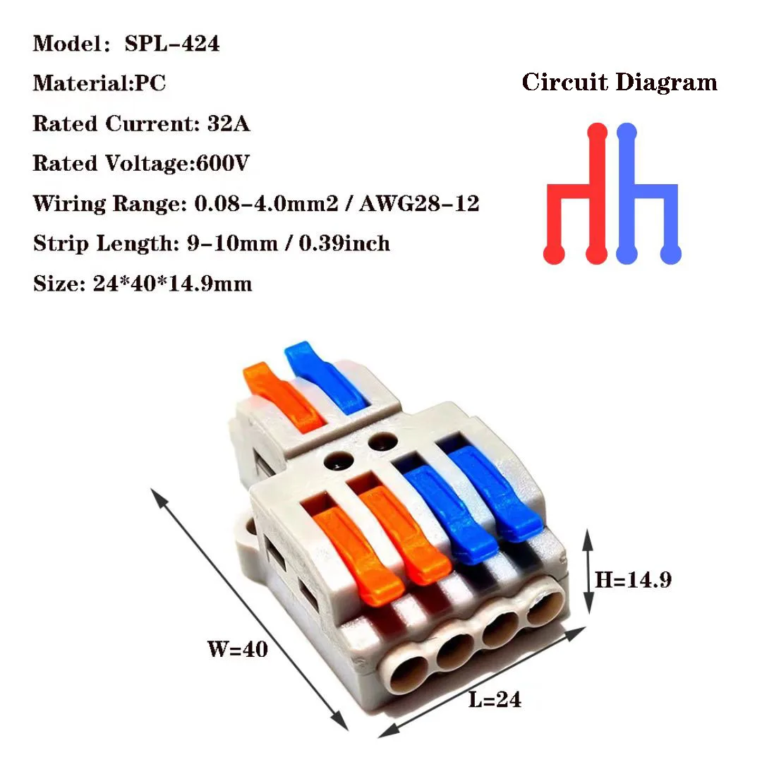 Bloco Terminal Push-in Conector Rápido, Conector de Fiação de Encaixe, Plug-in Elétrico, Conector de Cabo Rápido, SPL-424