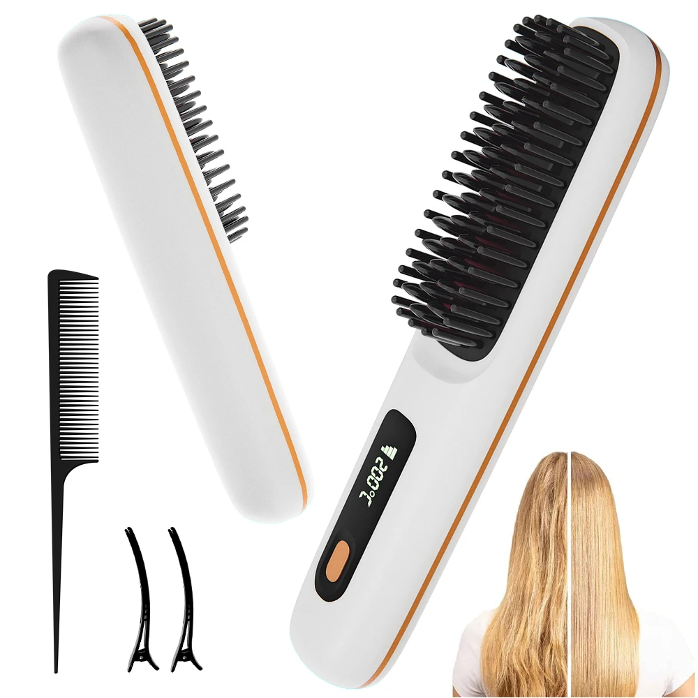 

Hair Straightener Brush, Rechargeable Cordless Ionic Hair Straightener Comb for Styling, with 3 Temp Settings, Auto-off, Display