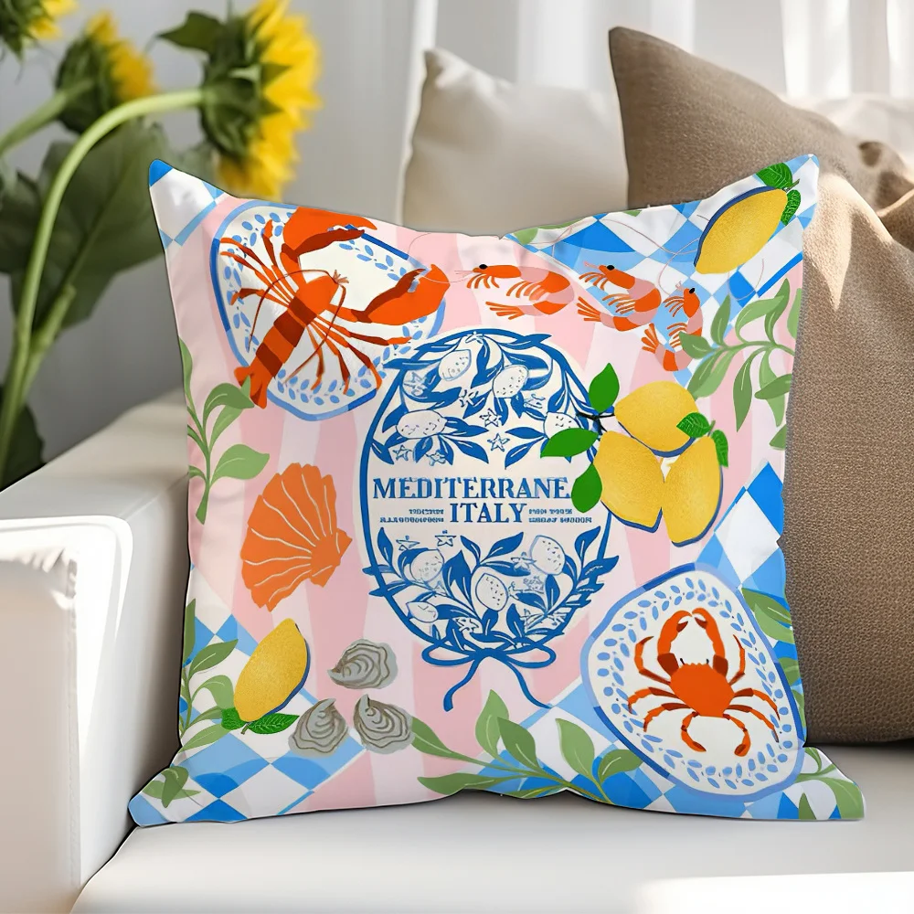 1 Stück rosa und blau karierte Kissenhülle mit italienischem Motiv, 2D doppelseitiger Polyester-Kissenbezug, nautische Dekoration mit Hummer und Zitrone, perfekt