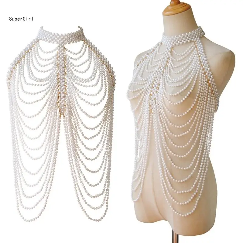 

Sexy Pearls Shoulder Chain Fashionable Body Chain Necklace Artistic Photo Shawl Shoulder Necklace for Women J78E