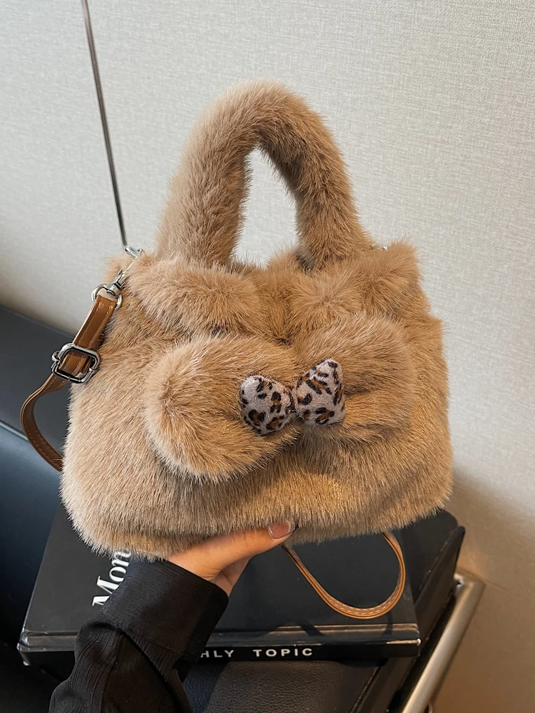 

Korean Style Cute Bowknot Women Handbags Autumn Winter New Fashion Soft Plush One Shoulder Bag Retro Commuter Crossbody Bags