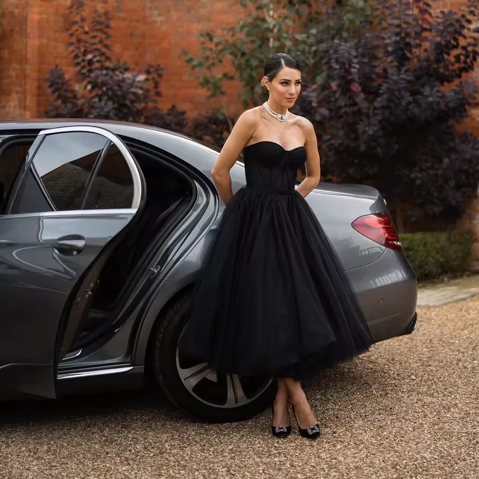 

Customized Simple Black Tulle Prom Dresses Sweetheart strapless Ankle Length A-line Graduation Gown Formal Party Evening Dress