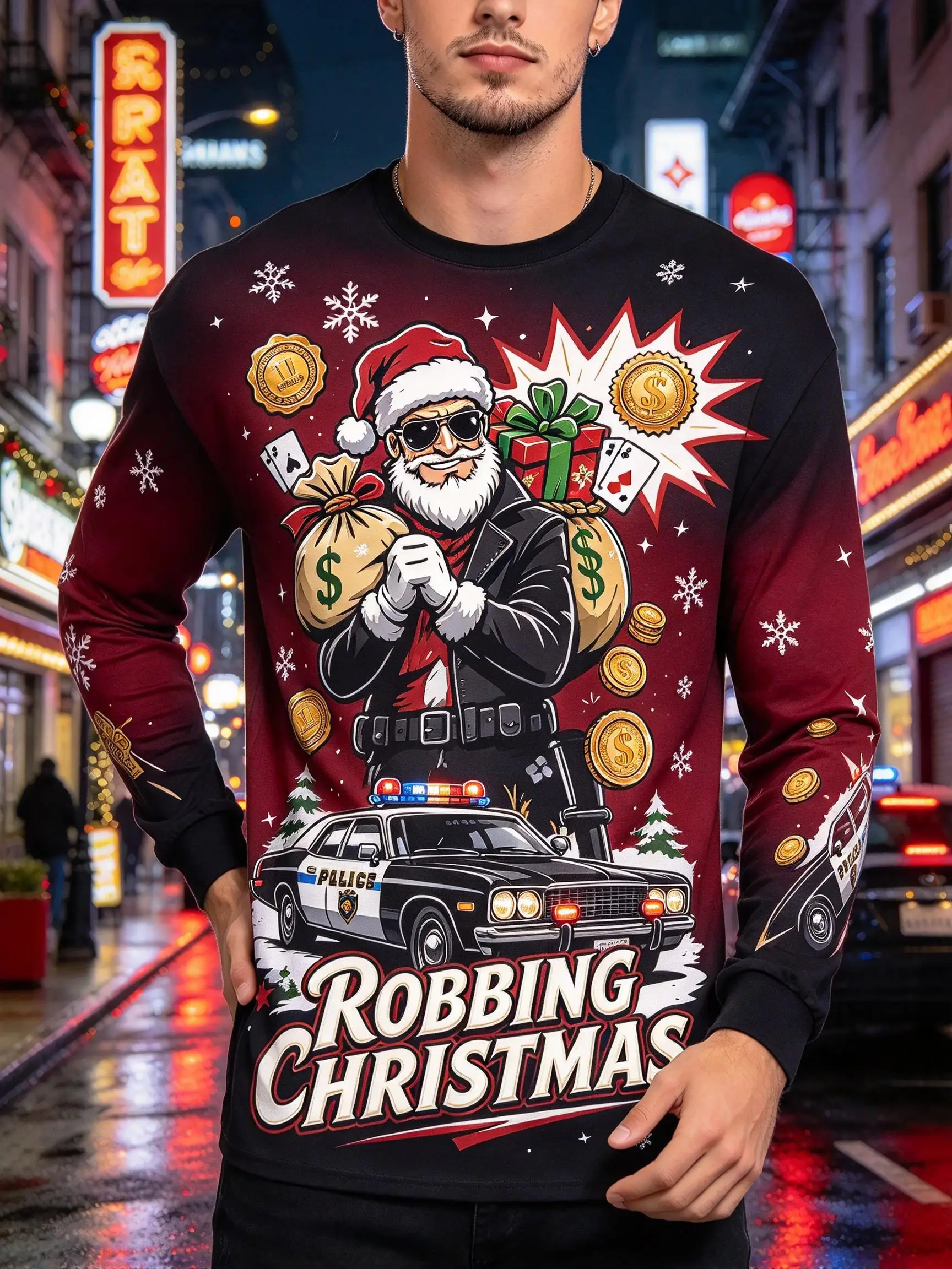 Men's Robbing Christmas Graphic Long Sleeve T-shirt, Gangster Santa Money Bag Police Car Xmas Print Casual Holiday Tops Tee