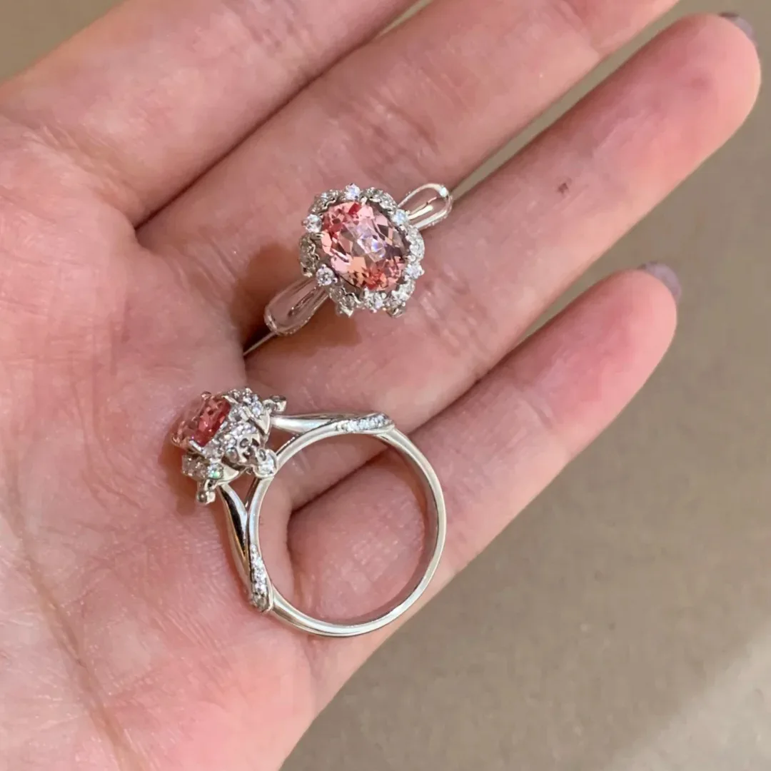 925 Sterling Silver Light Luxury Skirt Fringed Pink Diamond Ring High Sense High Carbon Diamond Pink Zircon Pigeon Egg For Girls