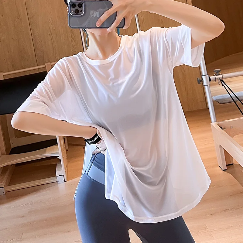 Mesh Stitching Sports Shirt Vest Loose Seamless Breathable Quick Drying Top Gym Running Fitness Yoga Clothing For Women