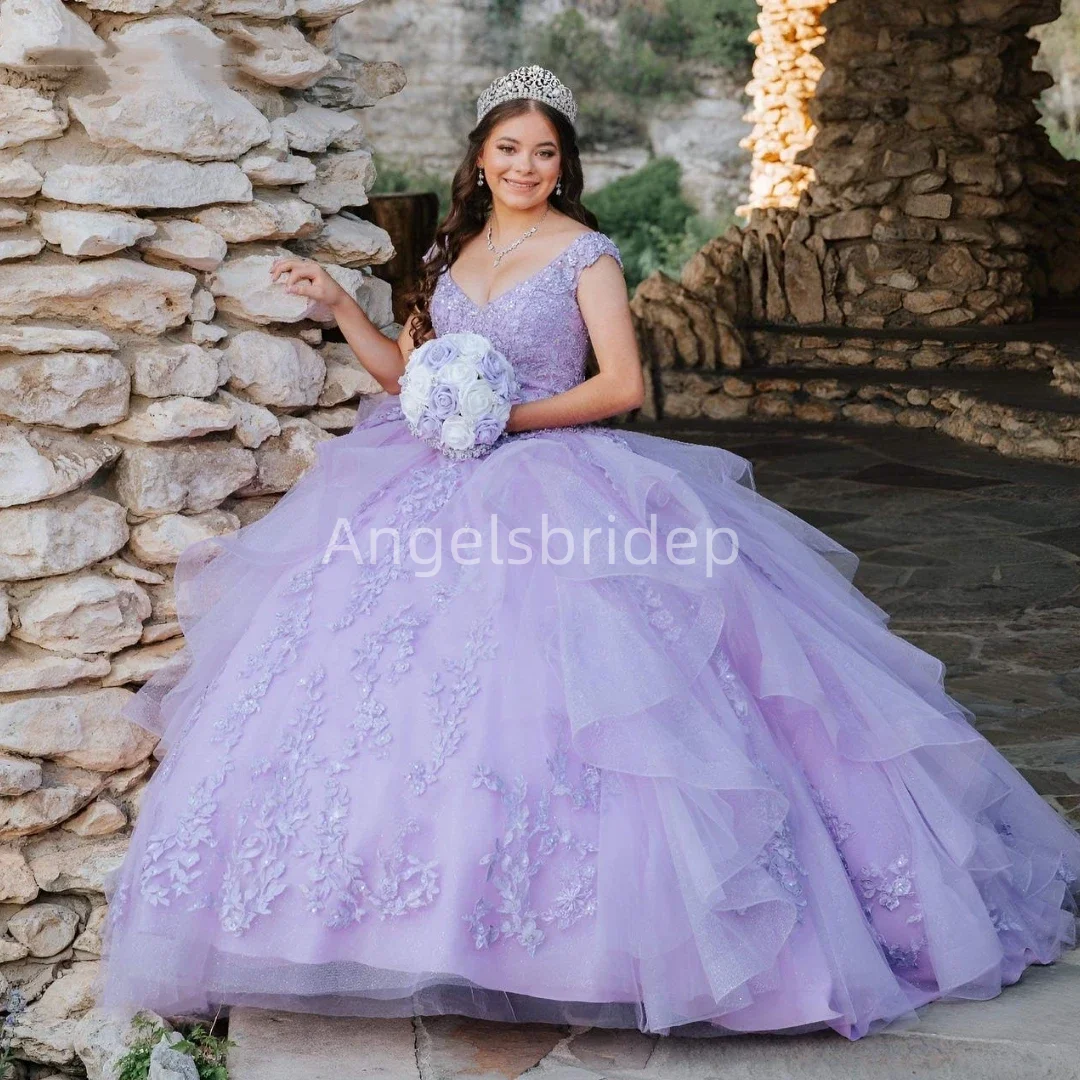 

Angelsbride Lilac Ball Gown Quinceanera Dresses Appliques Beading Off Shoulder Lace Up Vestidos De 15 Años Quinceañeras