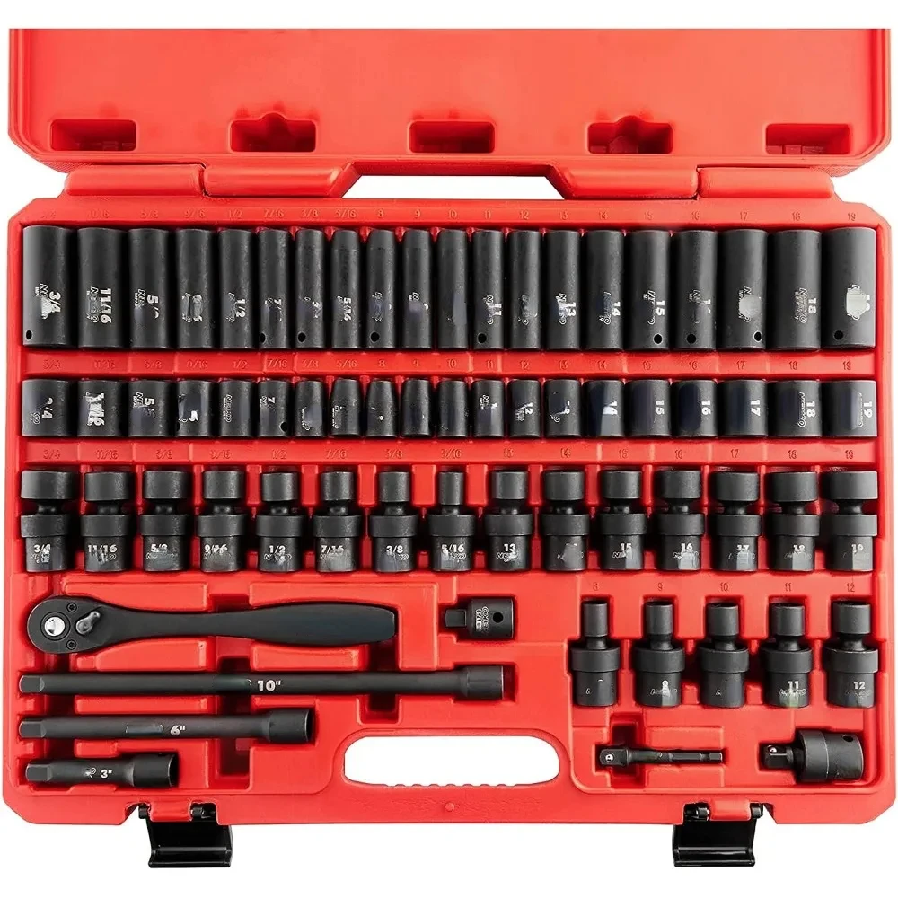 02471A Impact Socket Set 3/8” Drive 67 Piece Metric and Standard Sockets Master with Shallow & Deep Sockets