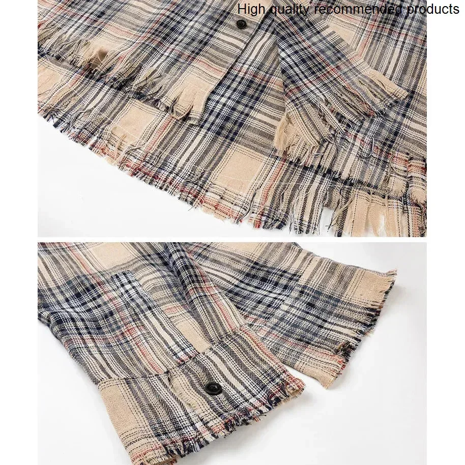 Shirt Cleanfit Edge Plaid Broken Men Women Streetwear Fashion Hip Hop Oversize Long Sleeve Loose Casual Shirts Blouses