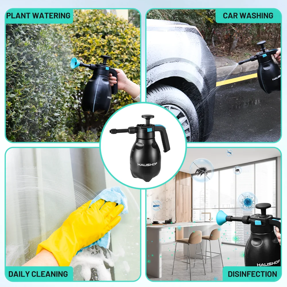 HAUSHOF Spruzzatore di schiuma con pompa manuale da 2 litri con 2 tipi di ugelli Cannone per schiuma pneumatico manuale Schiuma di neve Bottiglia spray per autolavaggio Finestra di automobile