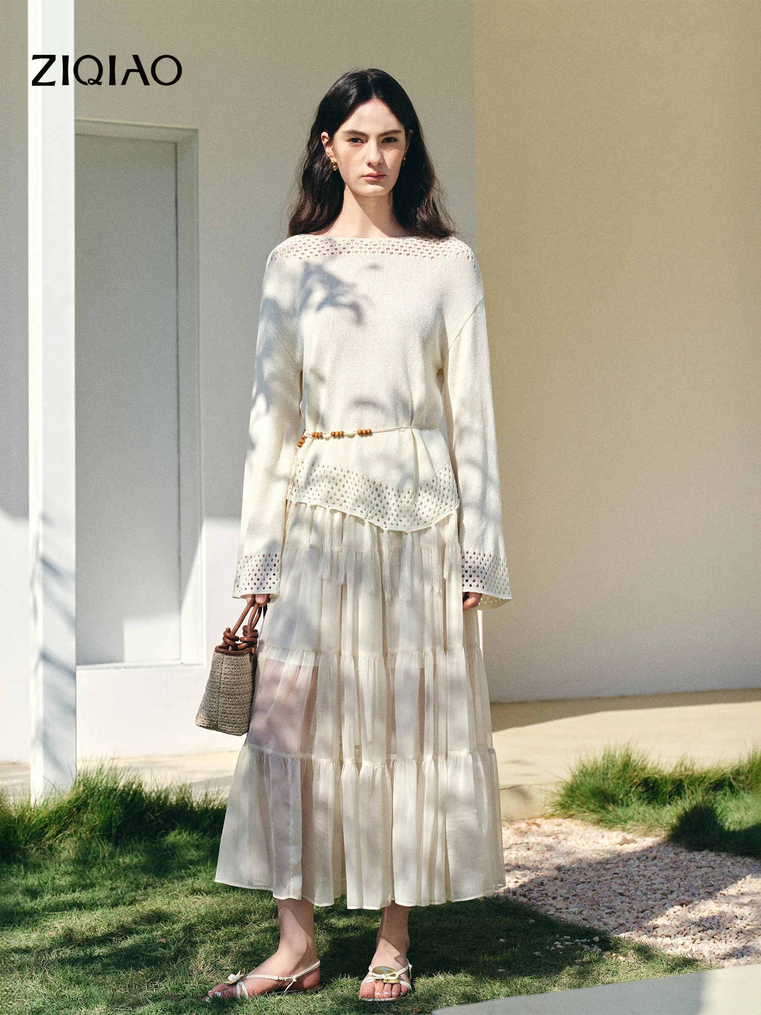 ZIQIAO 2026 Spring Women's Textured A-Line Tiered Midi Skirt Smocked Waist - Flowy Layered Ruffle Hem Long Skirt