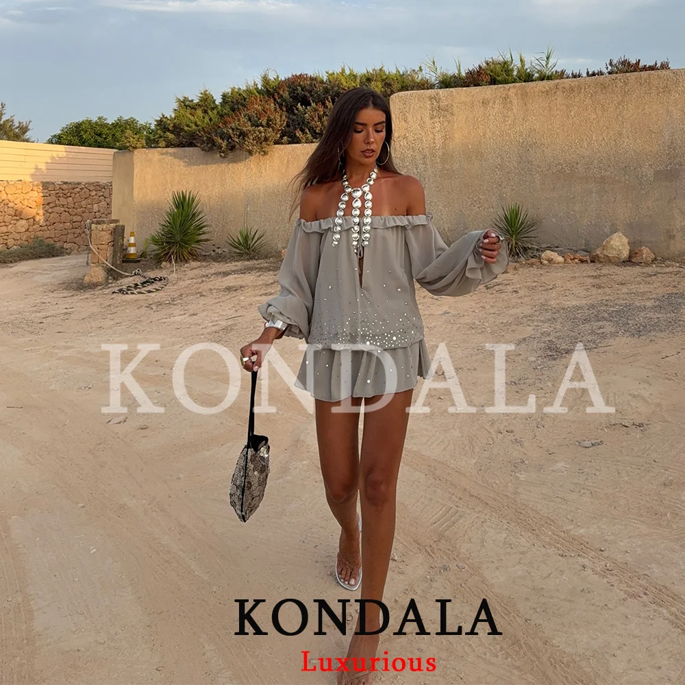KONDALA Sexy Schickes Pailletten-Partykleid für Damen Langarm Schulterfrei Mini-Chiffonkleid Mode 2026 Sommer Herbst Urlaubskleid – Detail 7