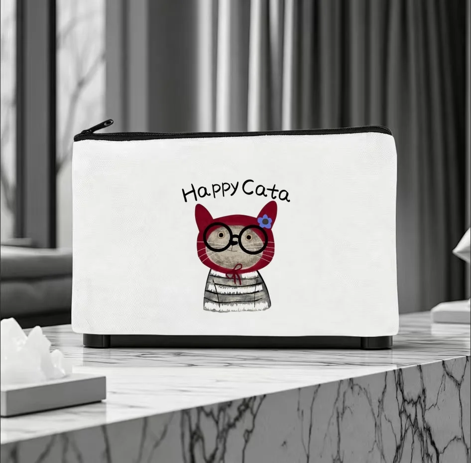 1PC Vintage Striped Outfit Cartoon Cat With Round Glasses Print Canvas Makeup Bag Unisex Daily Stationery Wash Organizer Pouch