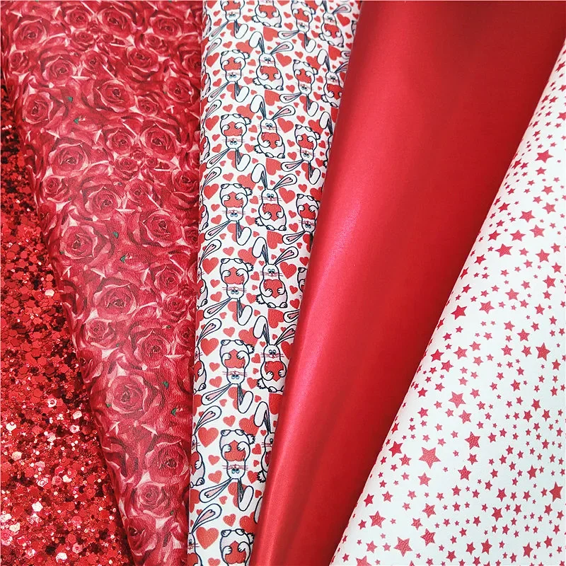 Red Glitter Leather Sheets Roses Hearts Stars Printed Synthetic Leather For Bags Shoes Bows DIY Craft Sheets Mini Rolls W495