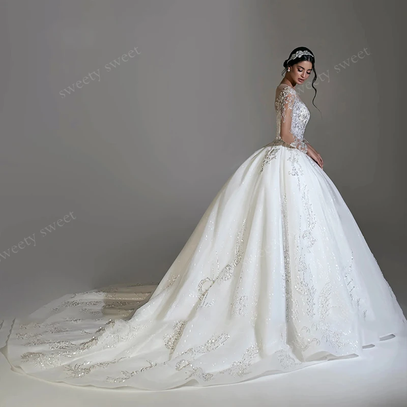 우아한 웨딩 드레스 오간자 자수 스팽글 볼 가운 풀 슬리브 O넥 맞춤형 신부 드레스 버튼 베스티도 데 노비아