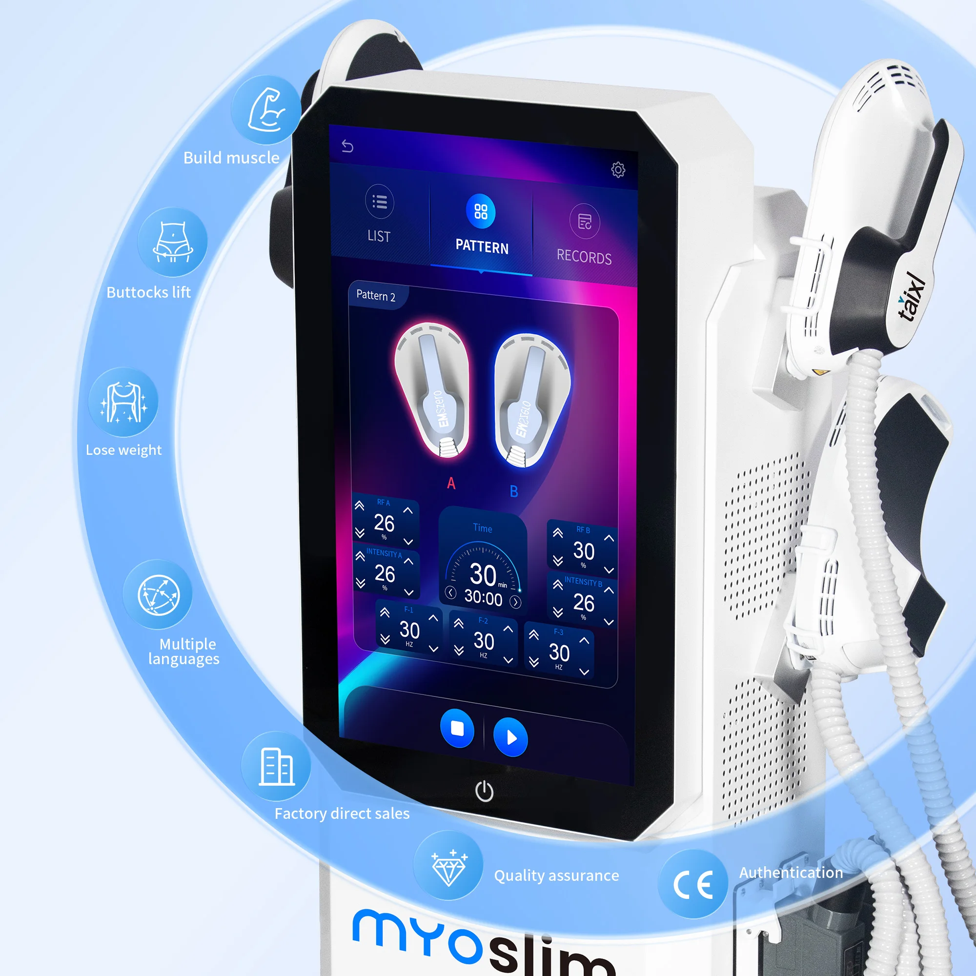

Стимулятор мышц EMS Новейший большой экран Myoslim Коррекция контура тела, безопасное и безболезненное похудение, идеальная форма кривой CE