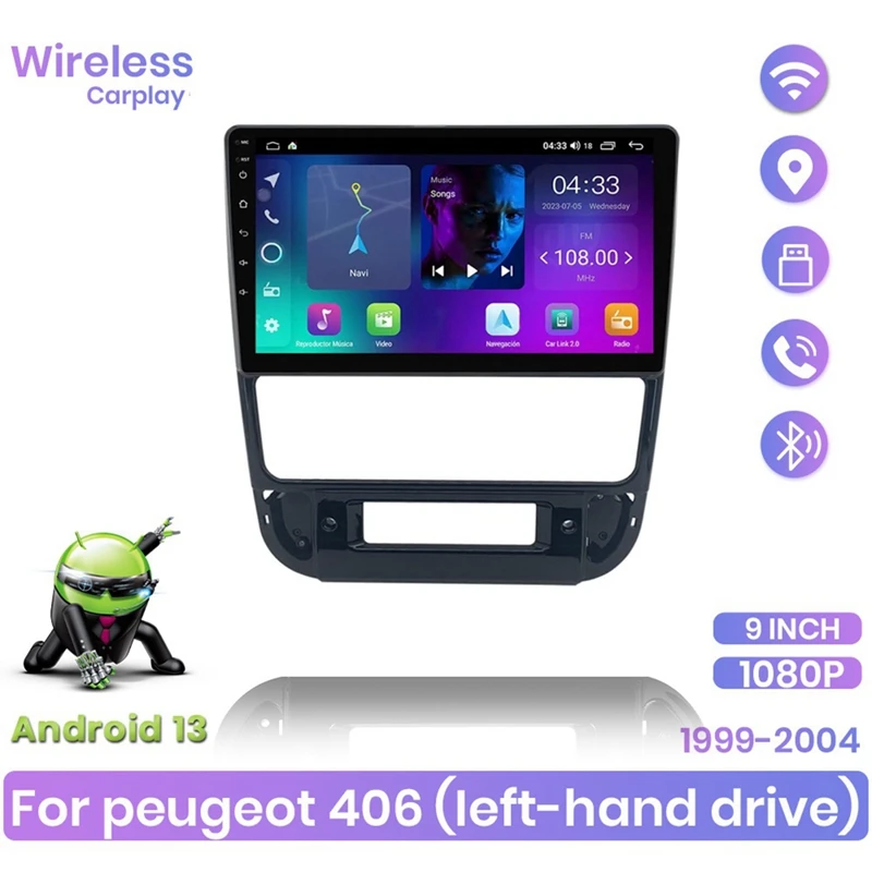 2G+32G Android 13 9Inch Car Stereo Wireless Carplay Android Auto For Peugeot 406 1999-2004,Bluetooth FM Wifi Rear Camera