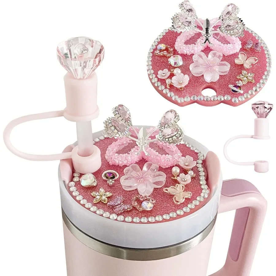 

Стильный набор аксессуаров для крышек чашек «сделай сам» с бабочкой для чашек, стаканы на 40 унций, деко, включая силиконовую соломенную крышку, блестящие подвески