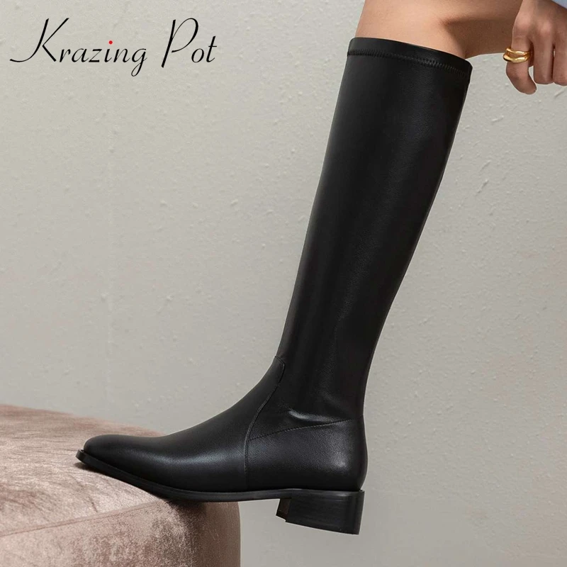 Krazing Pot Big Size Cow Leather Square Toe Med Heel Winter Shoes Keep Warm European Style Simple Solid Stretch Knee-high Boots