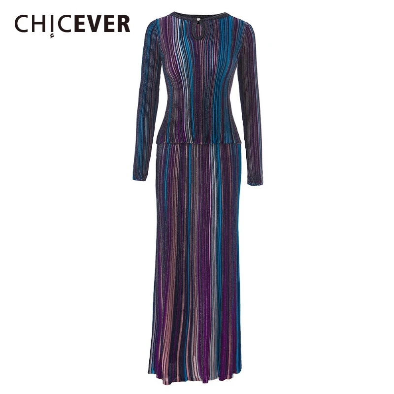 

CHICEVER Hit Color Spliced Print Two Piece Set Female Irregular Neck Long Sleeve T Shirt French Casual Women's Skirt Sets New