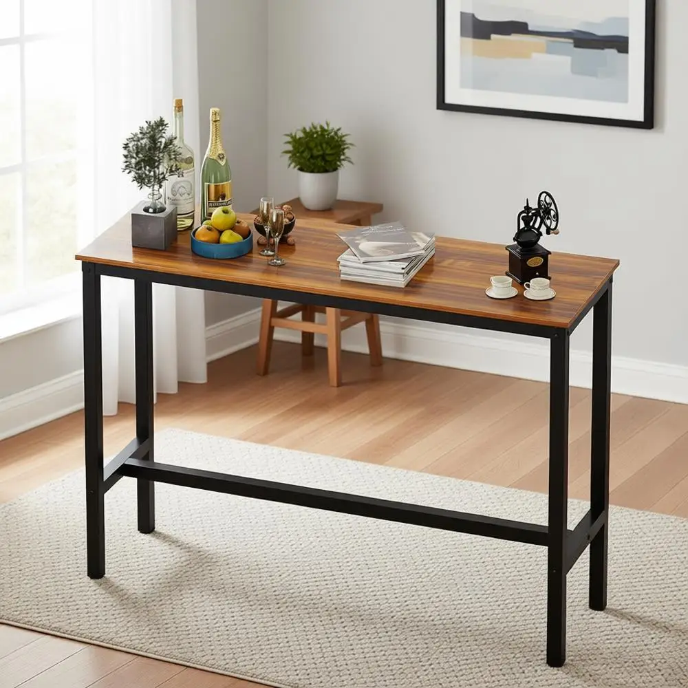 

Teak Top 4-Seater Dining Bar Table, 39.37x17.71x39.37, Black Metal Base