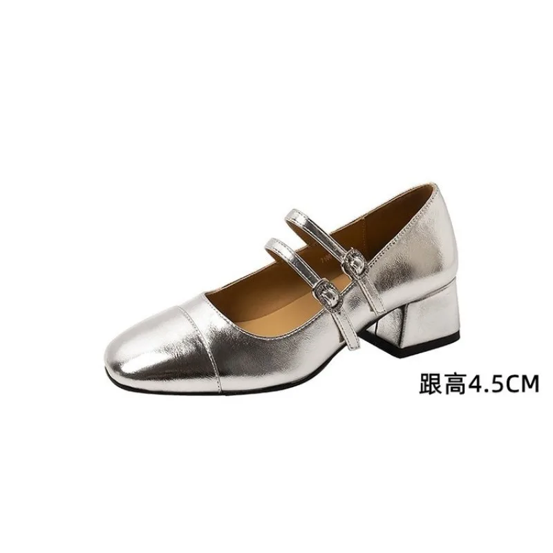 2024 New Women\'s Shoes Luxury Square Toe Ladies Mary Jane Shoes High Quality Double Buckle High Heel Fashion Women Ballet Shoes