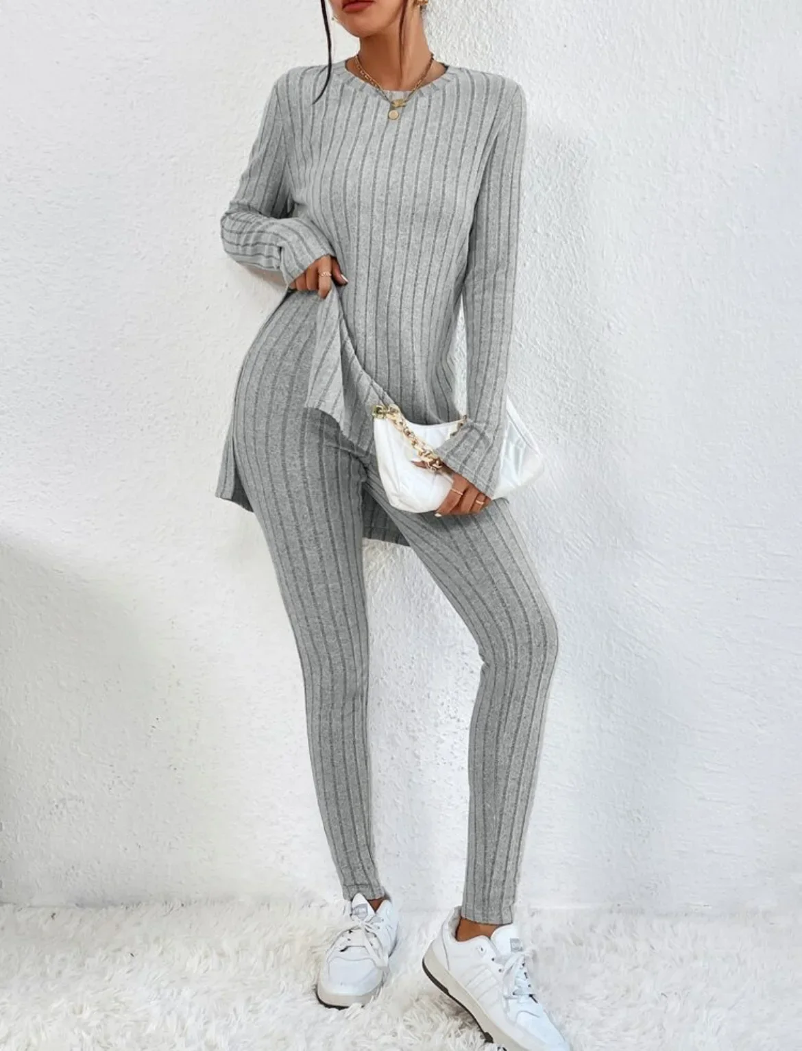 Women Pant Sets Two Piece Long Sleeve O Neck Matching Sets Pants Pullovers Casual Elastic Waist Pencil Pants Striped Tracksuit