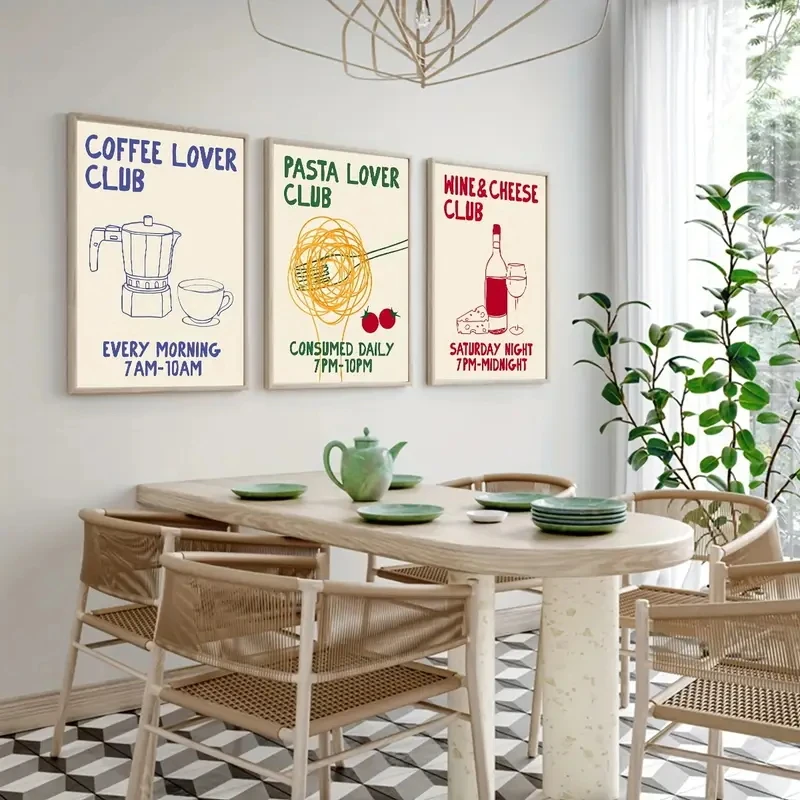 

3pcs/Set Mocha Pot Coffee, Pasta, Wine Cheese, Canvas Poster, Retro and Simple Restaurant Kitchen, Wall Art Home Decoration