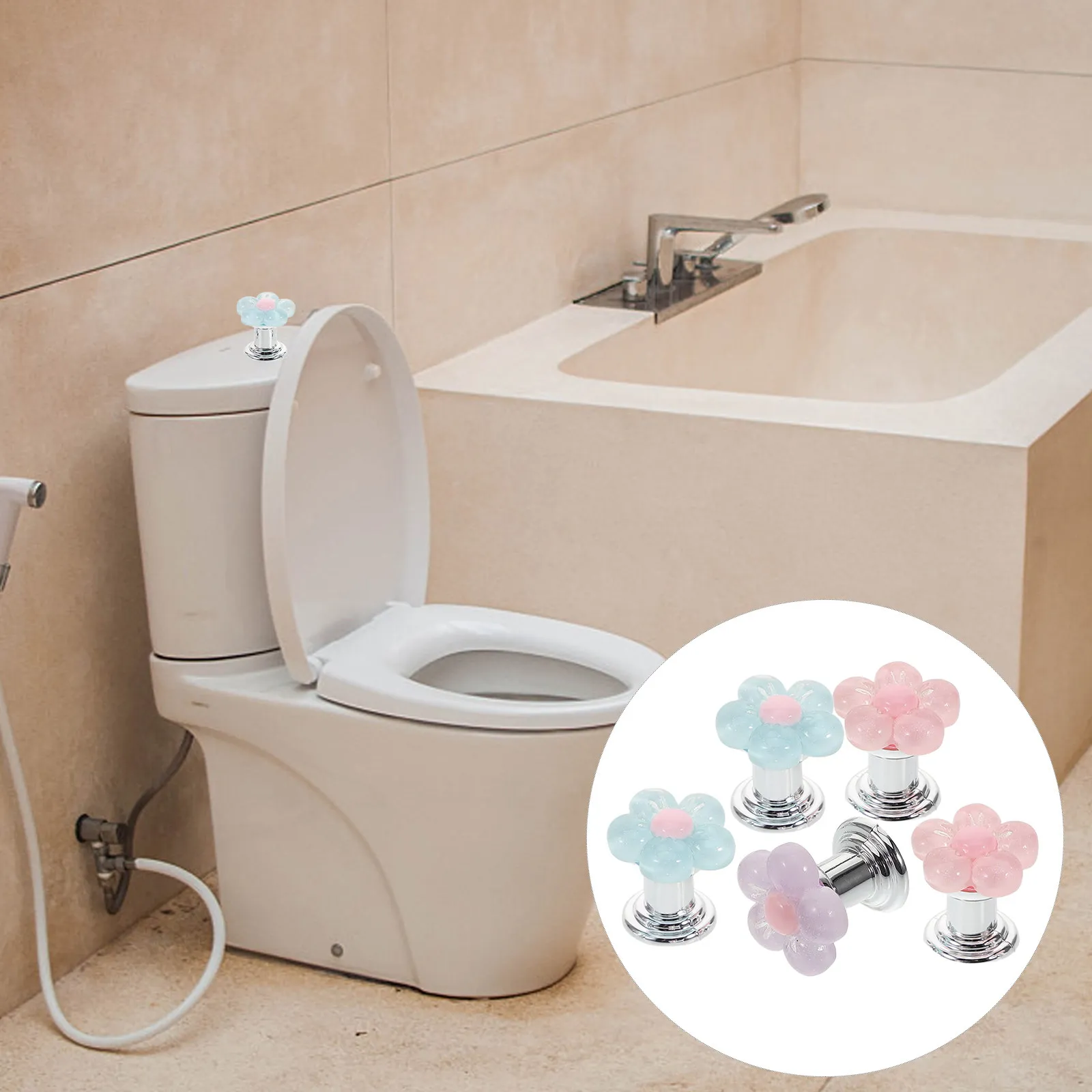 5Pcs Universal Flower Design Toilet Flush Button Pusher Nail Friendly Creative Toilet Tank Button Manicure Bathroom Accessories