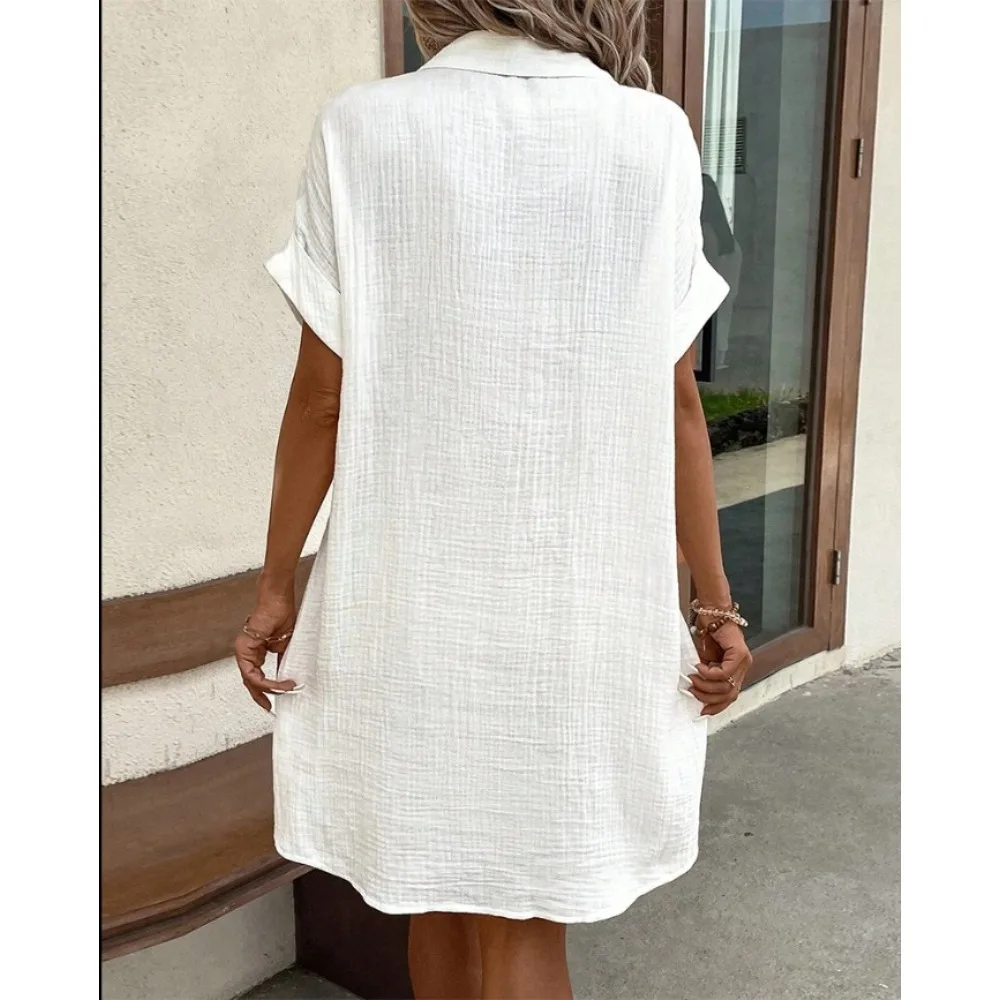 2025 Fashion Spring/Summer Minimalist V-neck Button Dress Elegant Women's Yellow Short Sleeved Flip Collar Pocket Shirt Dress