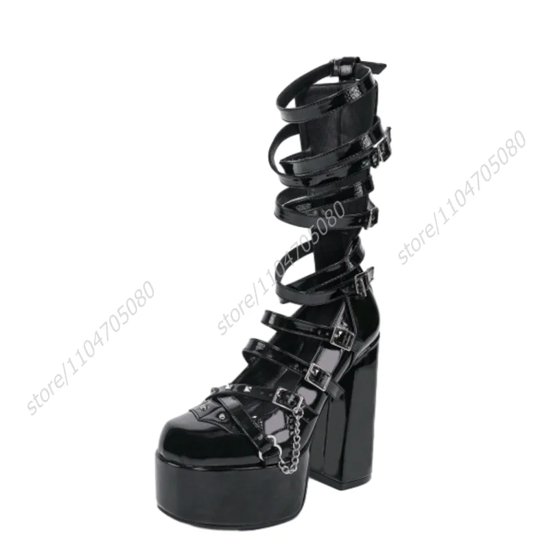 Belt Strip Hollow Button Black Sandals Shiny Leather Platform Girl Calf Chunky Heel Woman Cute Sweet Party Cool Glitter Shoes