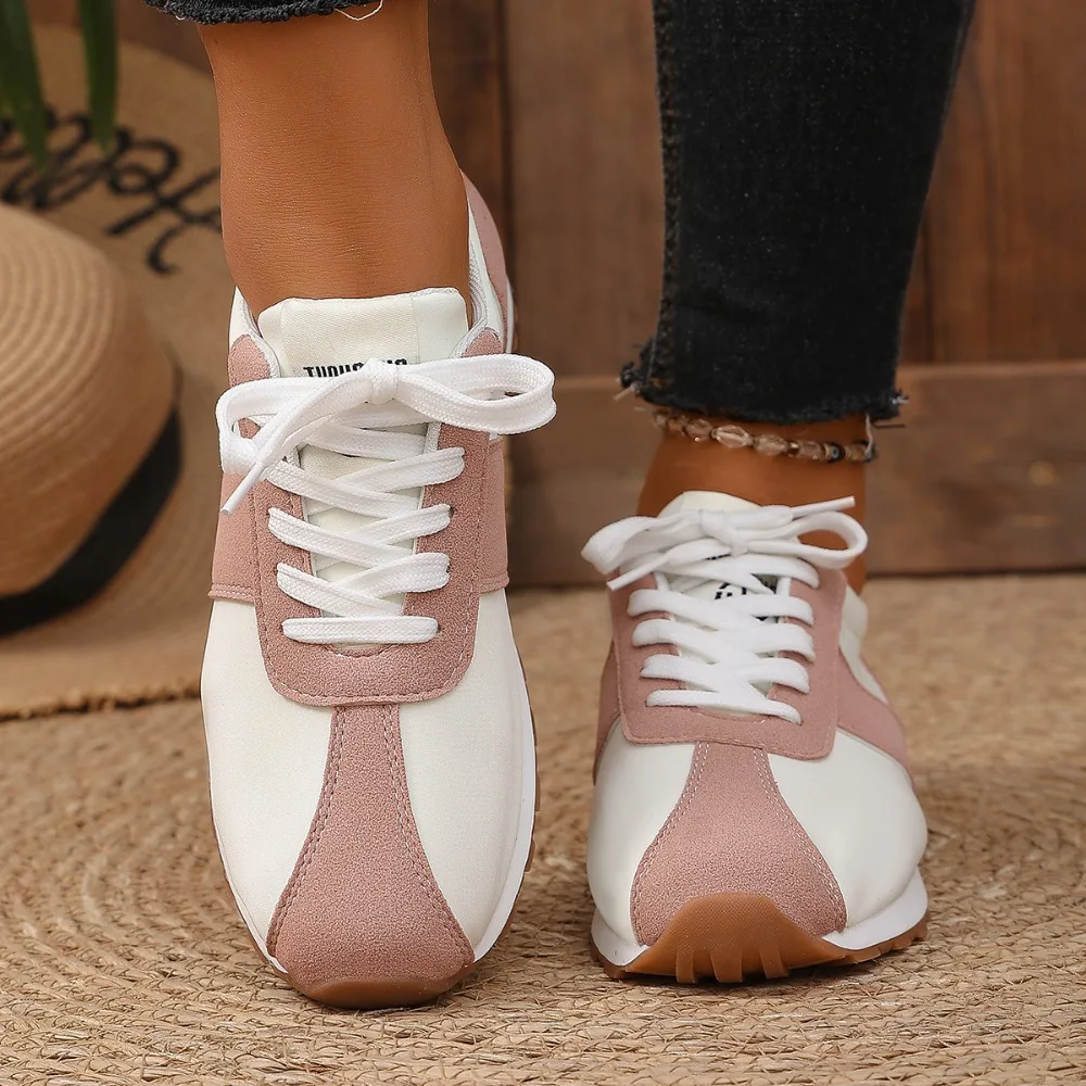 Women Color Block Sneakers Lace Up Patchwork Retro Walking Shoes Ladies Lightweight Casual Flat Athletic Shoes view 4
