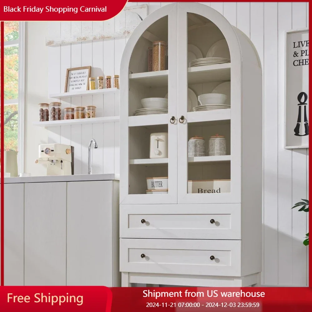 Arched Kitchen Pantry Cabinet, Wood Kitchen Storage Cabinets with 2 Large Drawers and Adjustable Shelves,Versatile Cupboard