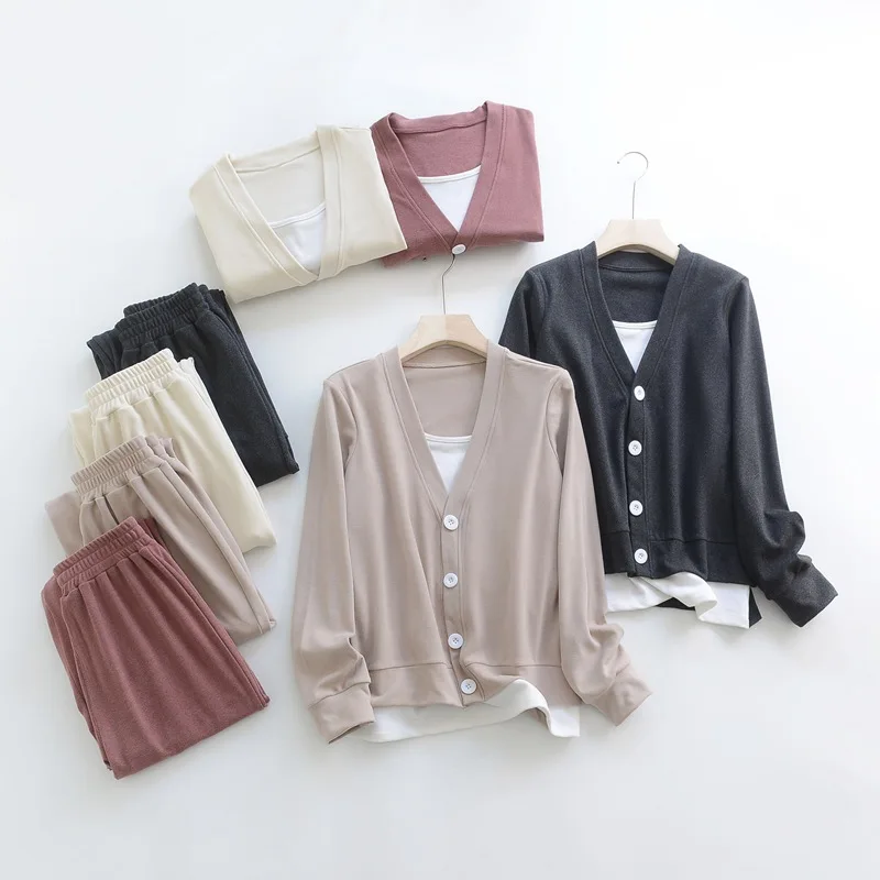

Autumn Winter women's Matching Sets Thick fake 2pcs Cardigan and Pants Casual Pajama Sets solid color Tops Homewear suit