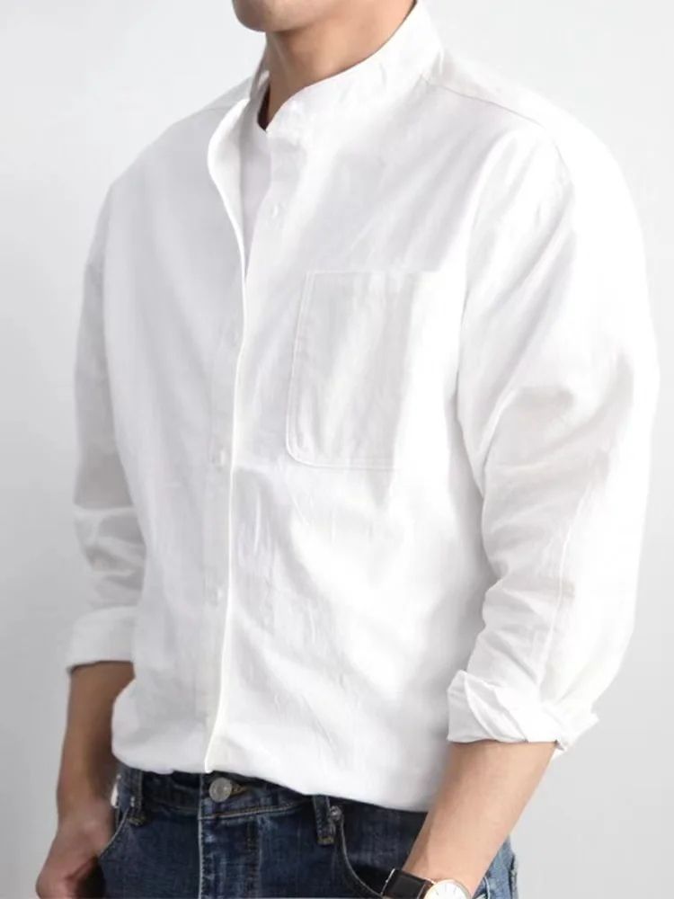 

Summer Men's Slim Fit Casual Thin Long Sve Linen irt Pure Color Japanese Sle Retro Workwear High End Feeling Stand Collar