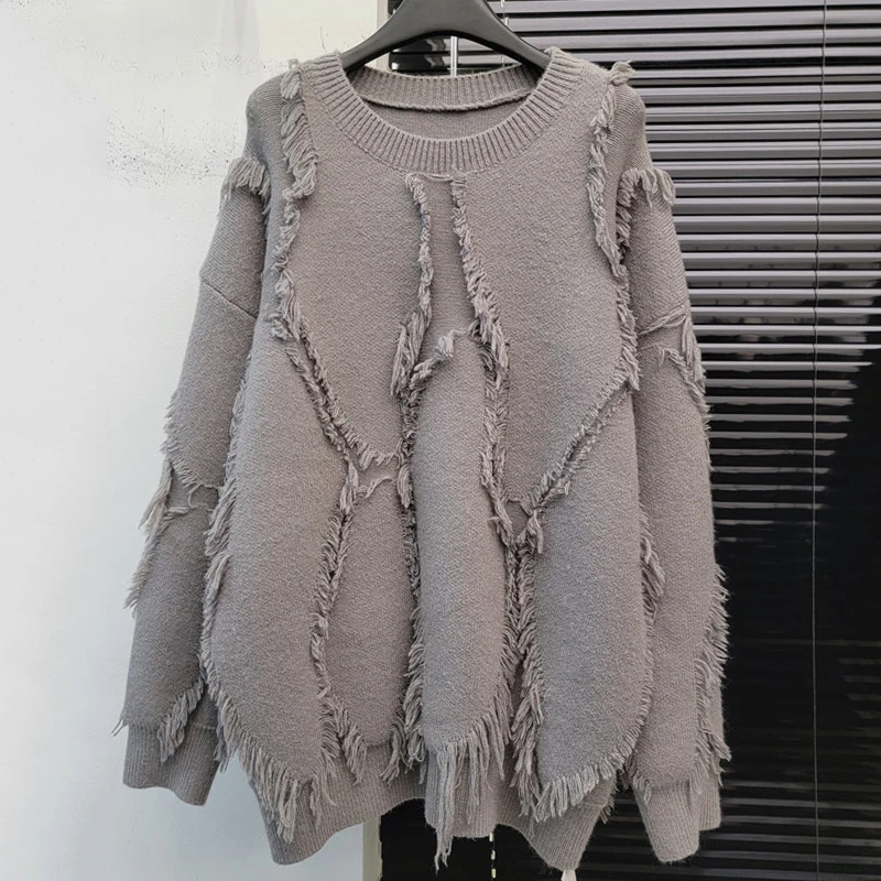 KBQ New Solid Knitting Casual Sweater For Women O Neck Long Sleeve Patchwork Tassel Temperament Pullover Knitwear Female Fashion