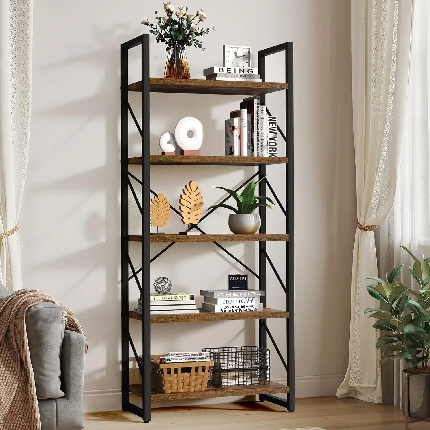 5 Tiers Bookshelf, Artsy Modern Bookcase, Book Rack, Storage Rack Shelves Books Holder Organizer for Books/Movies in Living