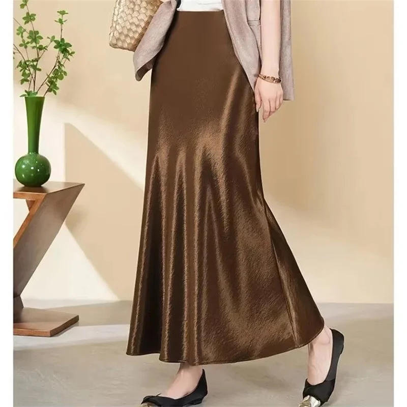 خلات الساتان مزاجه عالية الخصر التنانير الصيف جديد إمرأة طويل حورية البحر تنورة طويلة الراقية أنيقة ضئيلة ماكسي ذيل السمكة التنانير