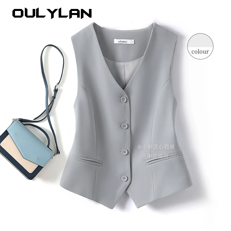 

Oulylan Suit Vests Women Simple Single Breasted V-neck Sleeveless Coats Outwear Aesthetic Korean Style Slim Waistcoat