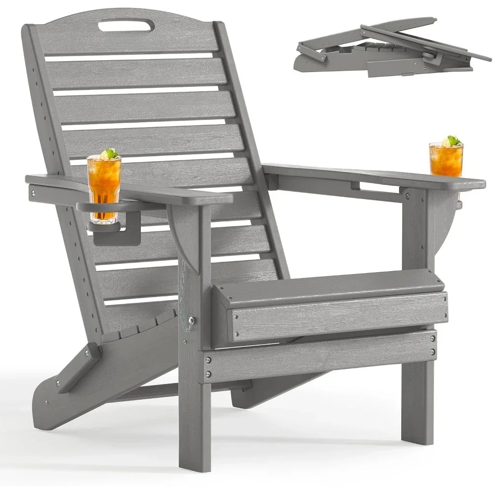 Chair Folding HDPE Adirondack Chairs with Cup Holder,Outdoor Fire Pit Chairs All-Weather Lawn Chair for Deck Patio Garden (Grey)