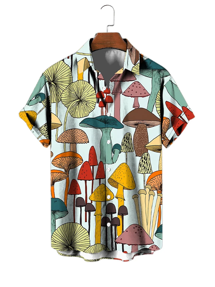 Summer men's short -sleeved shirt Hawaiian shirt casual loose colorful mushroom 3D printed shirt beach holiday shirt clothing