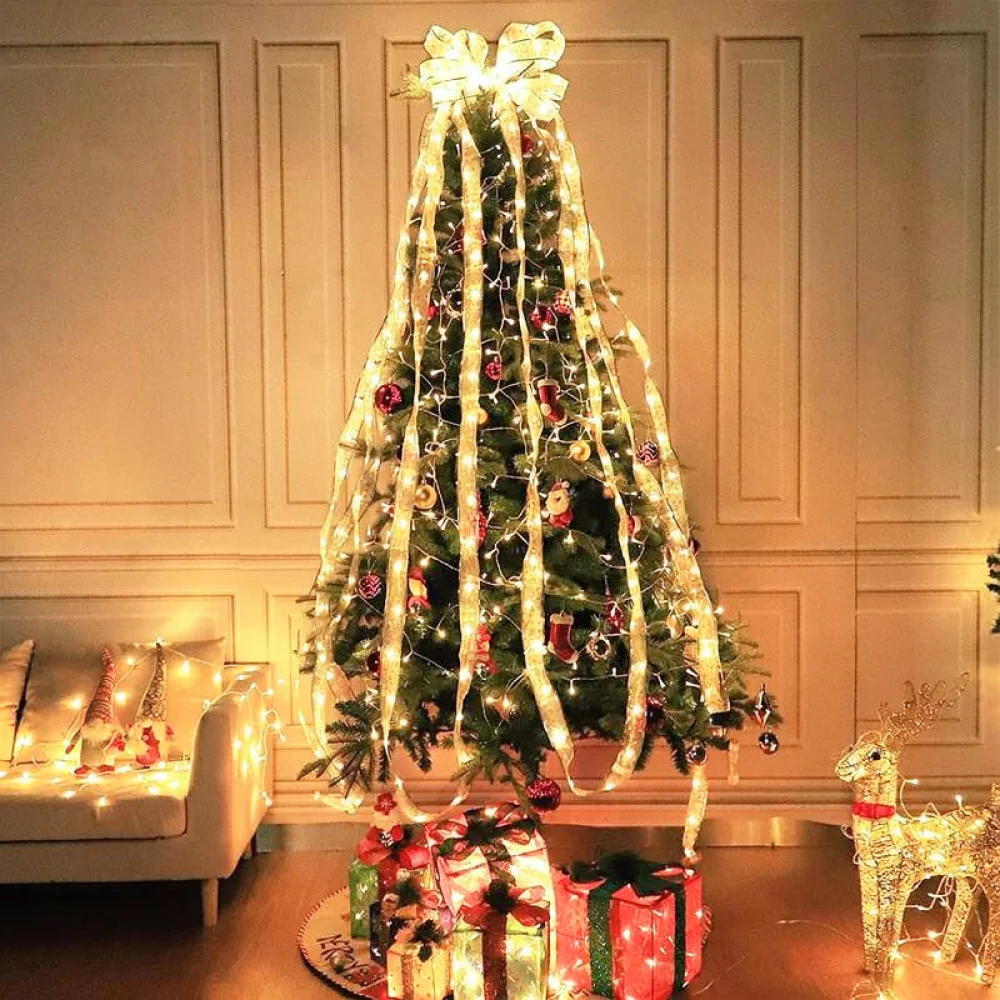 Double Layer Bronzing Ribbon Fairy String Lamp Christmas Decoration Wedding Party Festive Atmosphere Lighting Satin LED Ornament
