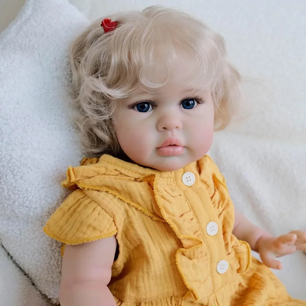 22Inch Ellie Multiple Layers Painting 3D Skin Reborn Doll Wearing A Yellow Short Sleeved Jumpsuit Hand Root Blonde Hair