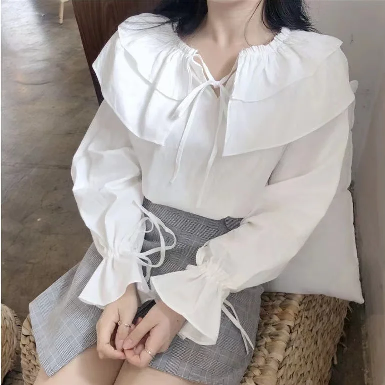 Korean Autumn Outfit New Style Elegant French Niche Solid Color Ruffled Lace Up Trumpet Sleeve Versatile Shirt