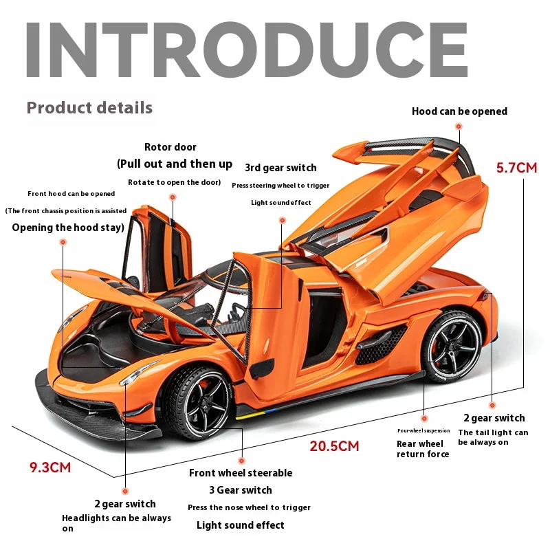 1:24 cool supercar alloy model, simulated sound and light, strong return force, four-wheel shock absorption, best birthday gift